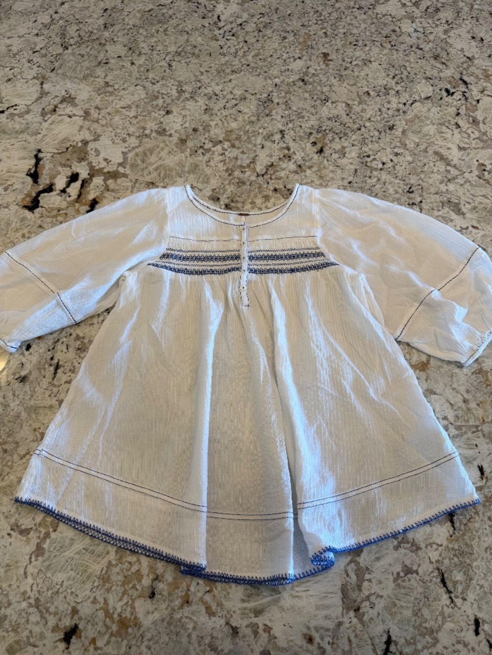 Free People Dylan Smocked Tunic Blue White Boho Airy 100% Cotton Embroidered XS